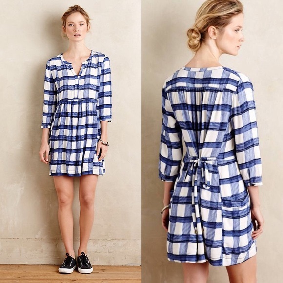Maeve Devery Blue White Plaid Shirtdress Anthro
